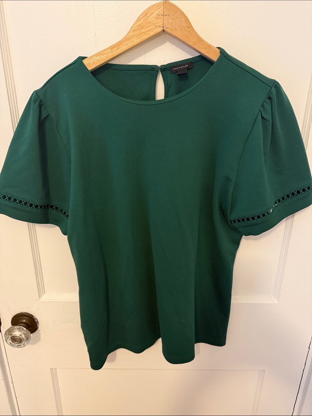 Ann Taylor Deep Green Short Sleeve Blouse with Ladder Trim